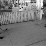 ball hockey, sidewalk, Toronto, 1983,