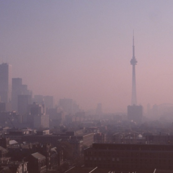 Toronto Skyline, CN Tower, smog, 1989